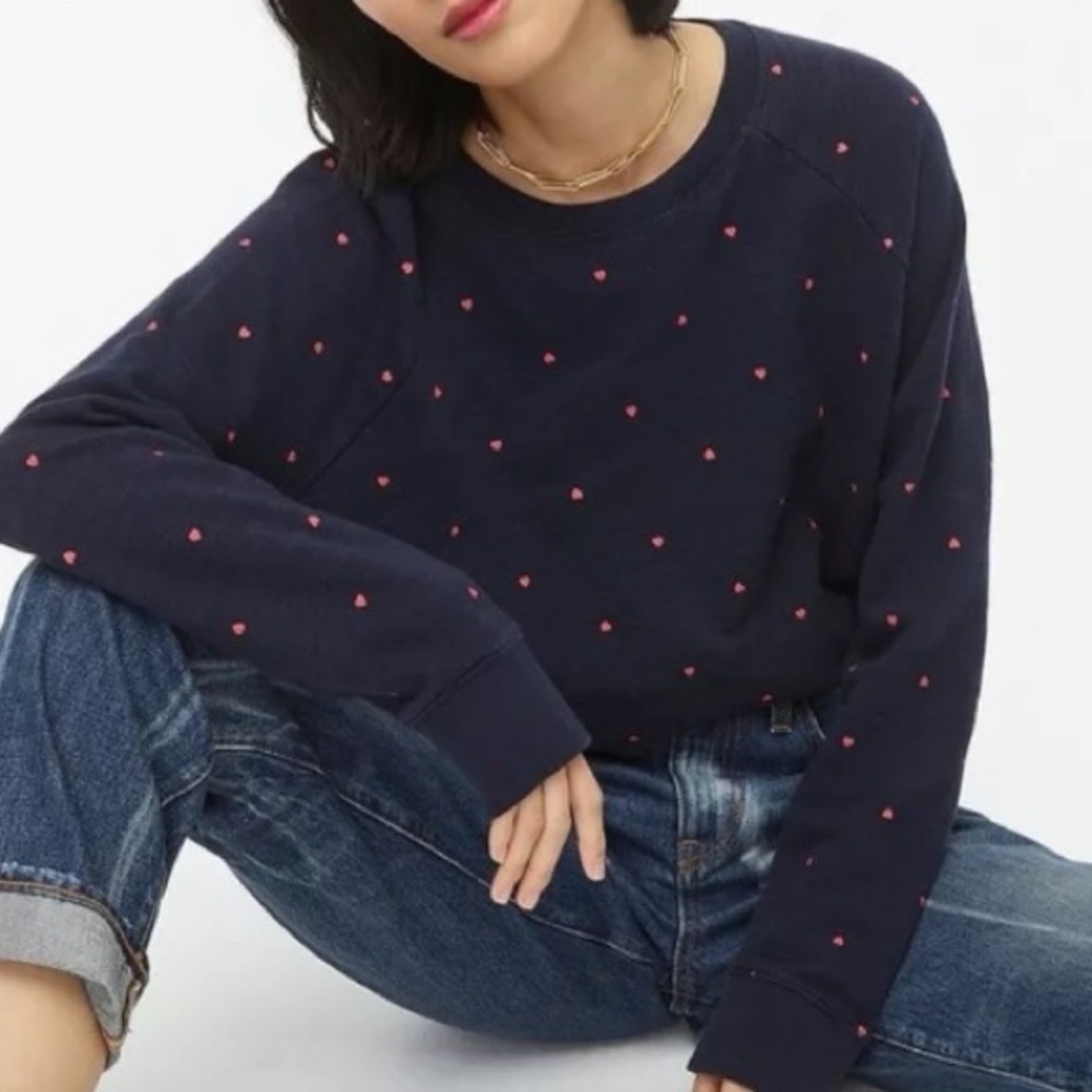 J. Crew Vintage Cotton Fleece Pullover Crewneck In Navy Blue Mini Hearts, XXS